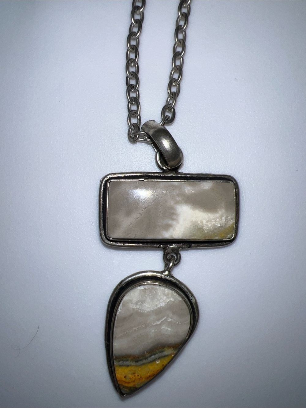 Beige and Yellow Stone Double Drop Necklace - Sterling Tone
